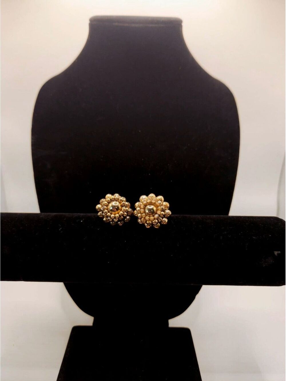 Vintage Japan Gold Tone Cluster Earrings Flower Sunburst Textured Bead Textured